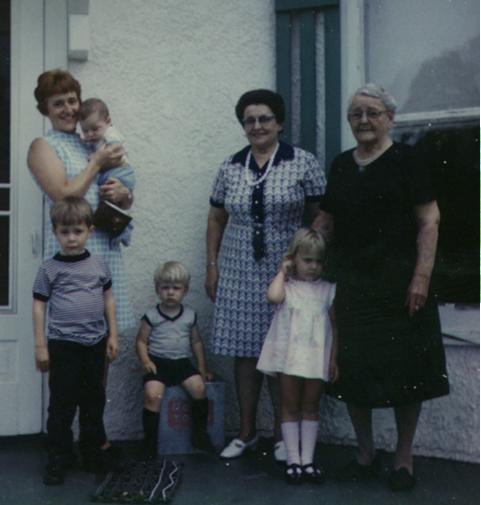 Grandma Bureker, Carrie, Joan, and Kids